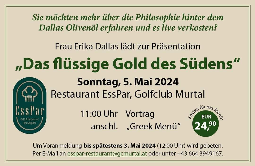 Anküdigung Vortrag und Kulinarik Highlight "Greek Menü"